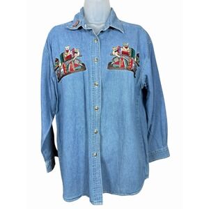 Let's Quizz Again‎ M Denim Shirt Embroidered Teddy Bears Bookshelf 90s Teacher